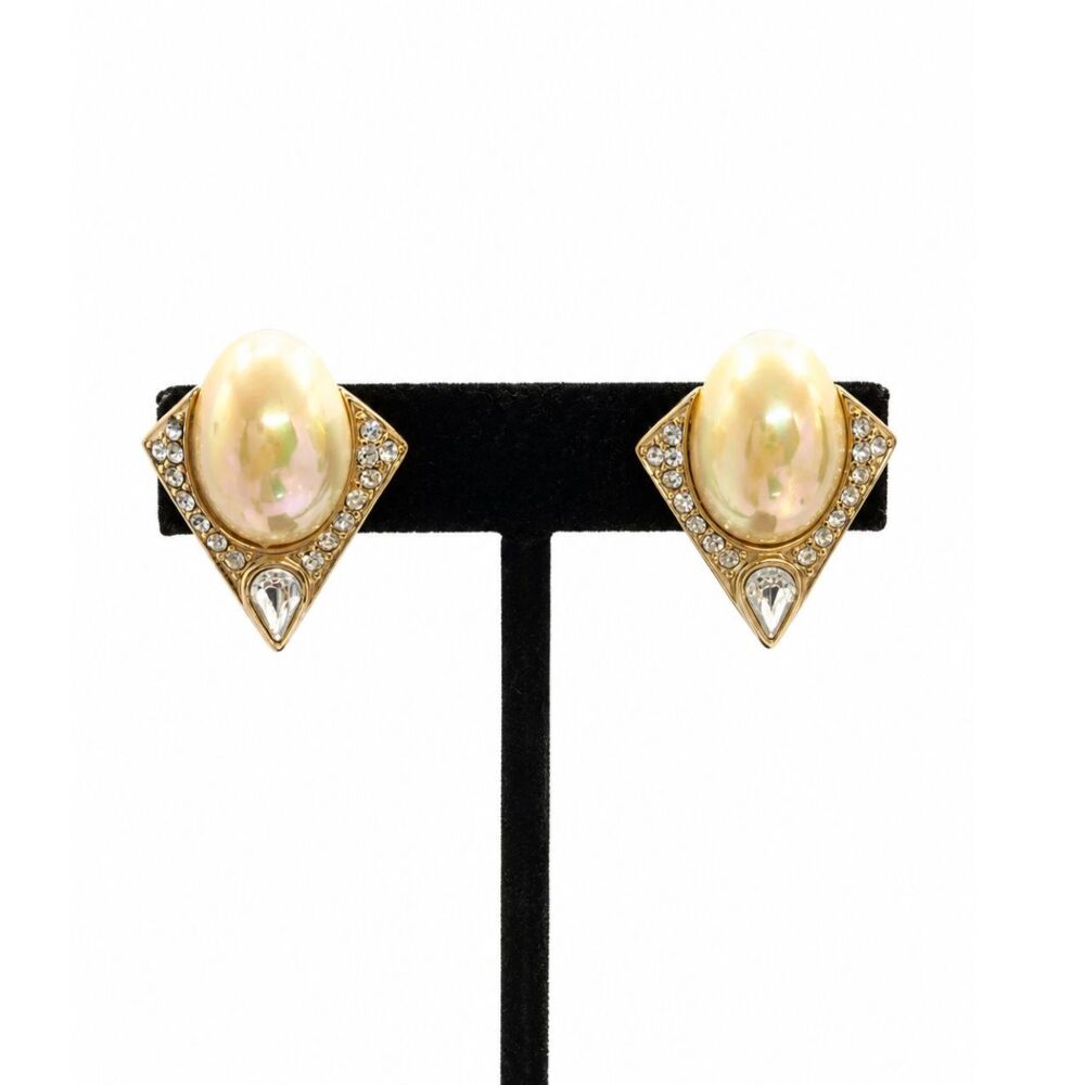 VINTAGE CLIP EARRINGS Faux Pearl Rhinestone Gold Tone Geometric 80s Statement